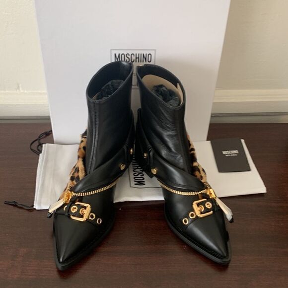 Moschino leopard print pointed toe soft top grain leather boot size EU 37 - Picture 1 of 16